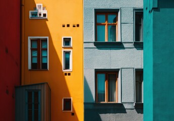 Obraz premium Vibrant building facades with bold colors creating an eye-catching urban scene under bright sunlight.