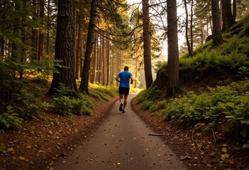 Man jogging in the forest during sunset  