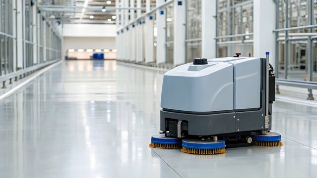 Artificial Intelligence Robotics Manufacturing concept, Autonomous floor cleaning robot in a modern, spacious industrial facility.