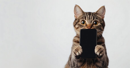 Tabby cat holding smartphone for online sale ad, demonstrating mobile device, showing modern gadget, inviting to shop, attracting attention deals online