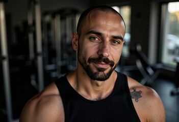 Obraz premium Fit man smiling confidently in a gym background 