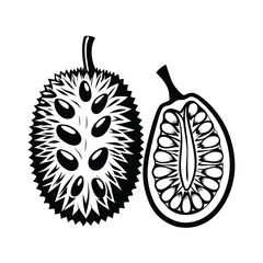 Durian Fruit Whole and Half Isolated in Black and White Simple Icon Art