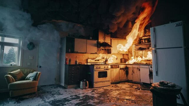 Dramatic video scene of a kitchen fire, captured from a wide-angle perspective, showcasing intense flames and smoke filling the room.