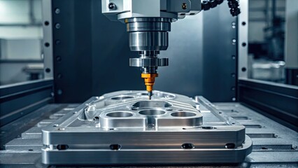 Artificial Intelligence Robotics Manufacturing concept, High-tech CNC machine milling a precision metal component in a modern workshop.