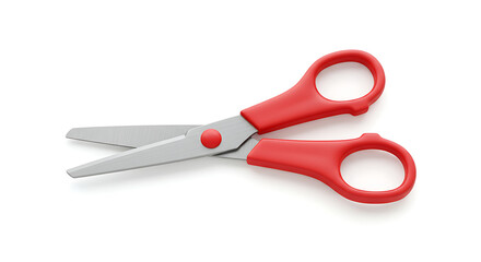 Precise sharpness: Red handled scissors with silver blades resting on white surface