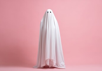 Simple ghost costume with white sheet against a pink background.