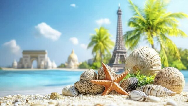 Parisian Dream Seashells and Starfish on a Tropical Beach with Eiffel Tower in the Background