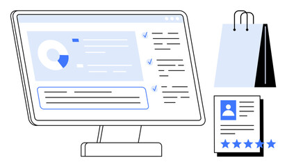 Computer monitor displaying data analytics, shopping bag, and user profile with five-star review. Ideal for e-commerce, digital marketing, user interface, customer feedback, online shopping, data