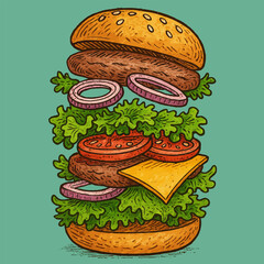 Exploding Burger with Lettuce Tomato Onion and Cheese Illustration