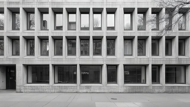 Grey Concrete Building Facade with Regularly Spaced Rectangular Windows