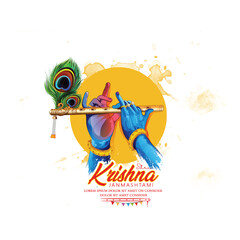 Happy Janmashtami, illustration of Lord Krishna hand playing bansuri (flute) 