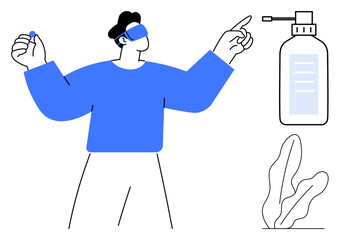 Man wearing VR headset, gesturing with raised hand, futuristic interface elements. Ideal for innovation, education, tech experience, healthcare, gaming automation creativity. Flat simple metaphor