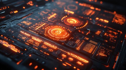 Futuristic dashboard with glowing orange indicators and complex screen displays