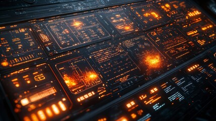 Complex console with glowing orange screens shows data and information