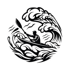 Kayaker Paddling Through Abstract Ocean Waves, Sporty Silhouette Design, Water Action