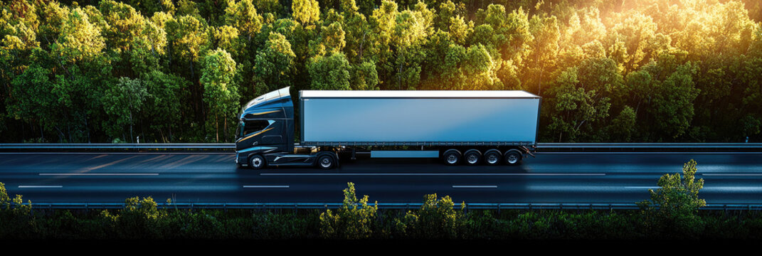 Fototapeta black truck is traveling on highway surrounded by lush green trees, showcasing serene landscape. sunlight creates warm glow, enhancing peaceful atmosphere