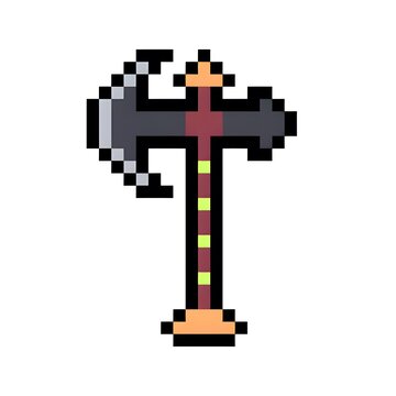 recommend clip art: Pixelated Double-Bladed Axe, Retro Game Asset, Fantasy Weapon, 8-Bit Design, Isolated.