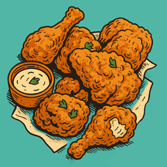 Crispy Fried Chicken Platter with Dip Cartoon Style Illustration