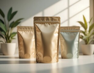 Gold and Mint-Colored Stand-Up Pouches on a White Surface