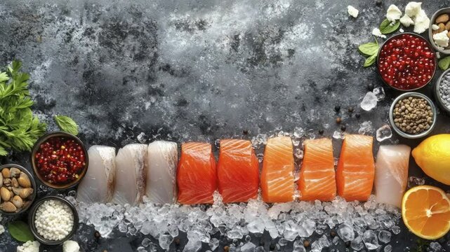 Fresh Salmon and White Fish Filets on Ice with Assorted Gourmet Ingredients