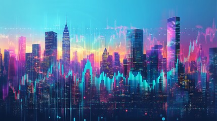 Obraz premium Vibrant city skyline at sunset with financial data overlays, showcasing urban life and technology