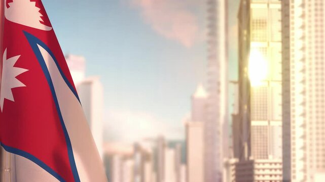 Nepal flag at sunset with modern city architecture