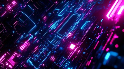 Obraz premium Futuristic digital landscape with vibrant neon colors showcasing technology and abstract patterns