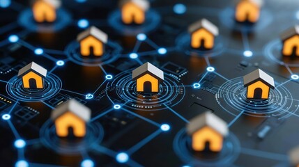 Connected miniature houses glow on a circuit board-like surface