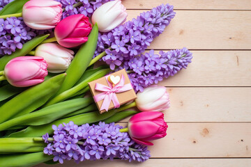 bunch of flowers and a gift box on a wooden table