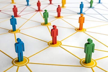 Colorful Humanoid Network Illustration with Central Red Figure on White Grid Background