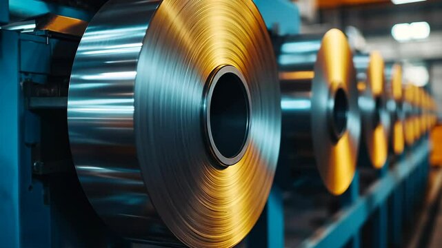Rows of shiny metal coils displayed at factory, representing manufacturing, industry, production, and metalworking operations.