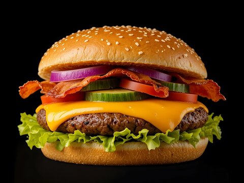 Burger. Hamburger. hamburger on black background. hamburger on black. Gourmet bacon cheeseburger. Close-up of a mouthwatering bacon cheeseburger.