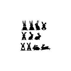 Rabbit in different positions clipart set. Easter bunny black silhouette collection. Isolated on white background. Vector illustration 