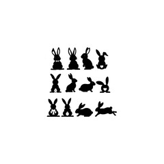 Rabbit in different positions clipart set. Easter bunny black silhouette collection. Isolated on white background. Vector illustration 