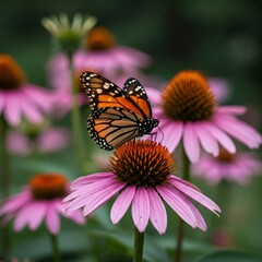 Fototapeta premium Monarch butterfly feeding on purple coneflower in summer garden