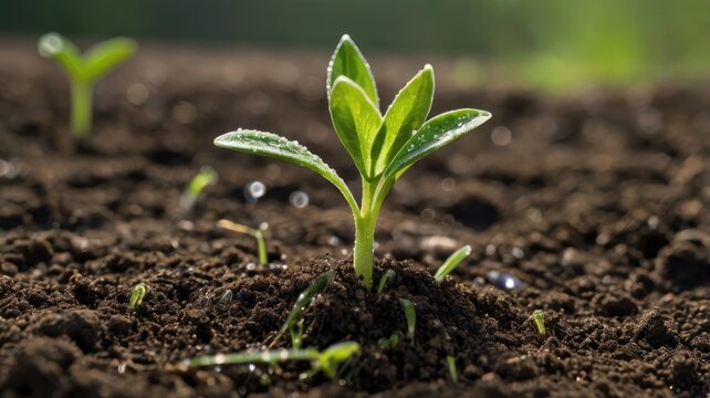 Green plant seedling growing in soil eco friendly nature background.