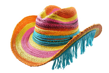 Close up of a colorful woven cowboy hat with blue fringe detail