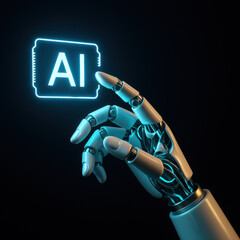 Futuristic Robotic Hand Interacting with AI Chip &ndash; 3D Technology Concept