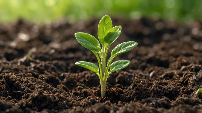 Closeup of green seedling sprouting from soil nature growth concept