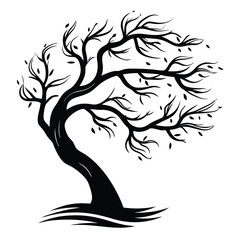 Silhouette Tree with Bare Branches and Few Leaves, Isolated on White Background