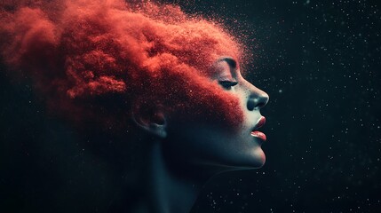 Ethereal portrait of a woman with vibrant red powder in her hair, set against a dark, dreamy backdrop