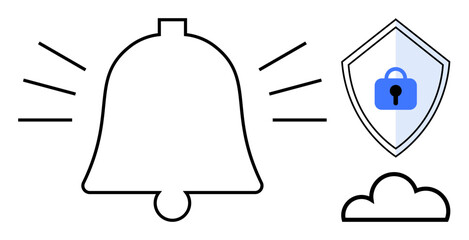 Bell ringing with lines, security shield with blue lock, and cloud. Ideal for cybersecurity, notifications, alerts, protection, data storage secure communication and online safety. Abstract line