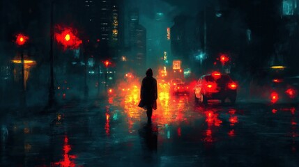Cyberpunk city streets at night with rain and fog in a moody futuristic dystopian setting – 4K illustration
