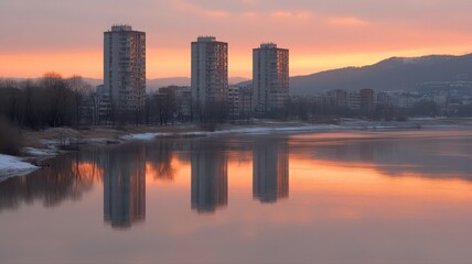 Obraz premium High Rise Buildings Reflected in Water at Sunset with Orange and Pink Sky Creating Serene Waterscape in a Tranquil Urban Landscape