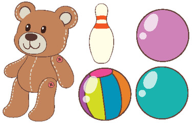 Playful Toy Collection with Teddy Bear and Balls