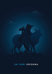 Jai Shree Krishna Minimal Poster, Krishna Playing Flute, Happy Janmashtami - Vector