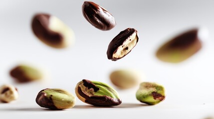 Obraz premium Dubai Chocolate Kunafa Pistachio on white background,Dubai Chocolate bar with green kadayif and pistachio spread,popular and viral chocolate 2025,space for text.