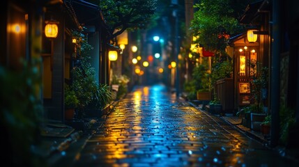 Wet cobblestone street with illuminated lanterns and storefronts at night
