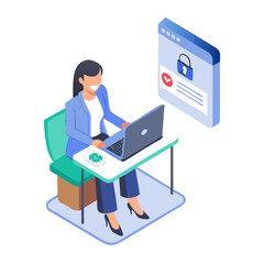 Cybersecurity Woman Character – Office Worker Using Computer for Online Safety and Data Protection