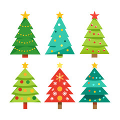 Vector New Year set with christmas trees. Evergreen trees with balls, stars and garlands. Fir trees for Christmas.
